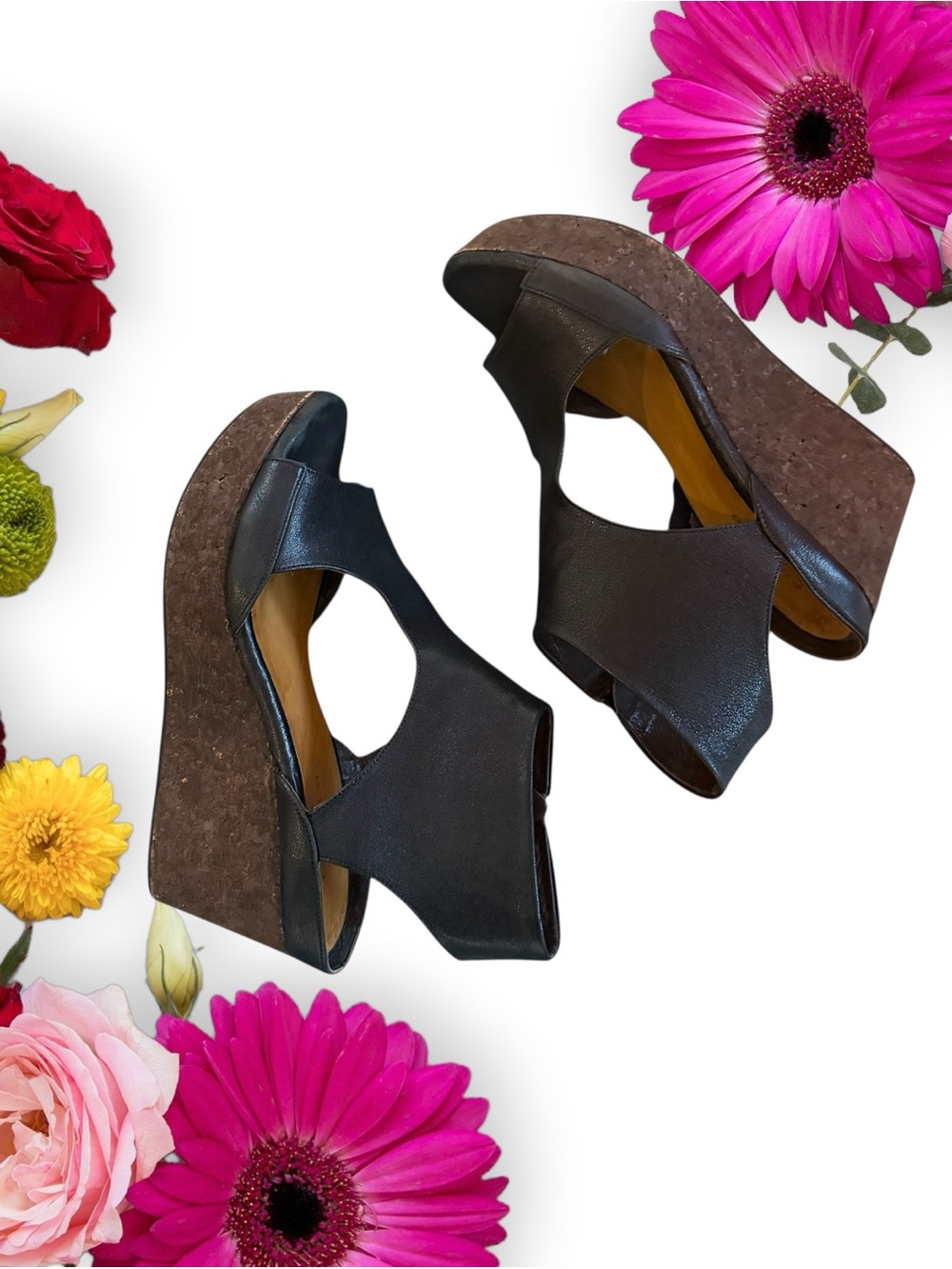 COCLICO Black Leather Cork Wedge Sandals